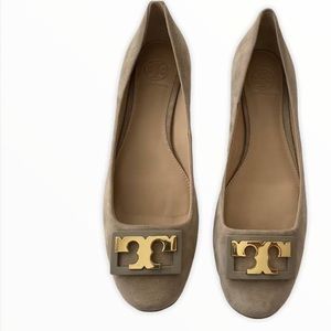 Tory Burch Chunky Heel Taupe Gold Suede Shoes 7.5M